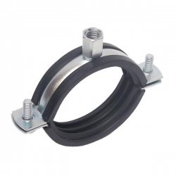 38-46mm Two Piece Rubber Lined Pipe Clamp Steel Zinc Plated, Boss Threaded both M8 & M10