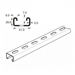 Shallow Slotted Channel Heavy Gauge x 3 Metre, 21mm x 41mm x 2.5mm Mild steel pre-galvanised. Unistrut compatible. P3300T14X3  SC203/3M