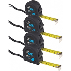 OX Heavy Duty Tape Measures 4 BUNDLE (1 x 5M/16ft & 3 x 8M/26ft)