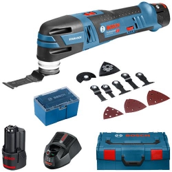 Bosch GOP12V-28 Brushless Multicutter, 12 piece accessories, 2 x 2.5ah Batteries & L-Boxx